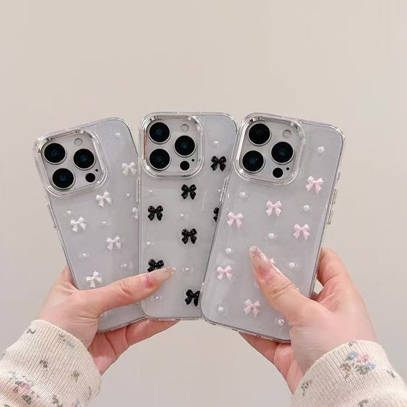 3D Glitter Black Bow Pearl Transparent Bumper iPhone Case