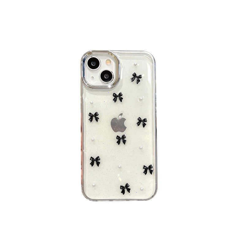3D Glitter Black Bow Pearl Transparent Bumper iPhone Case