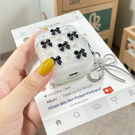 3D Glitter Airpod Black Bow Pearl Transparent Case With Hanging