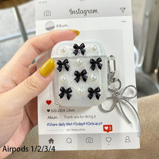 3D Glitter Airpod Black Bow Pearl Transparent Case With Hanging
