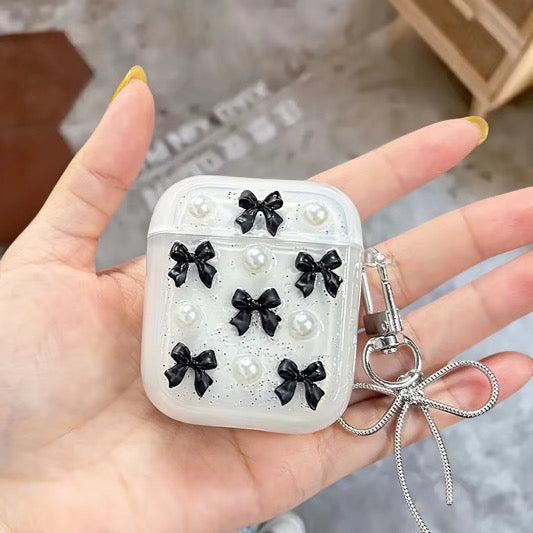 3D Glitter Airpod Black Bow Pearl Transparent Case With Hanging