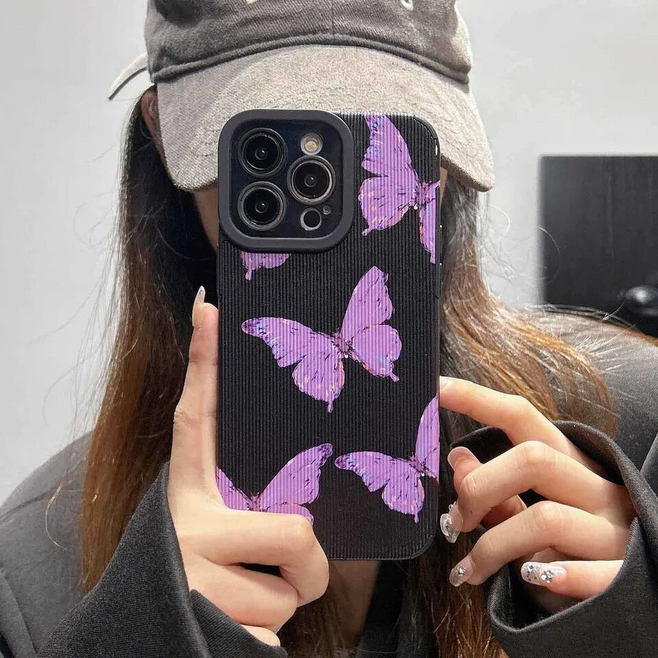 Purple Butterfly Stripe Textured iPhone Soft Silicone Cases