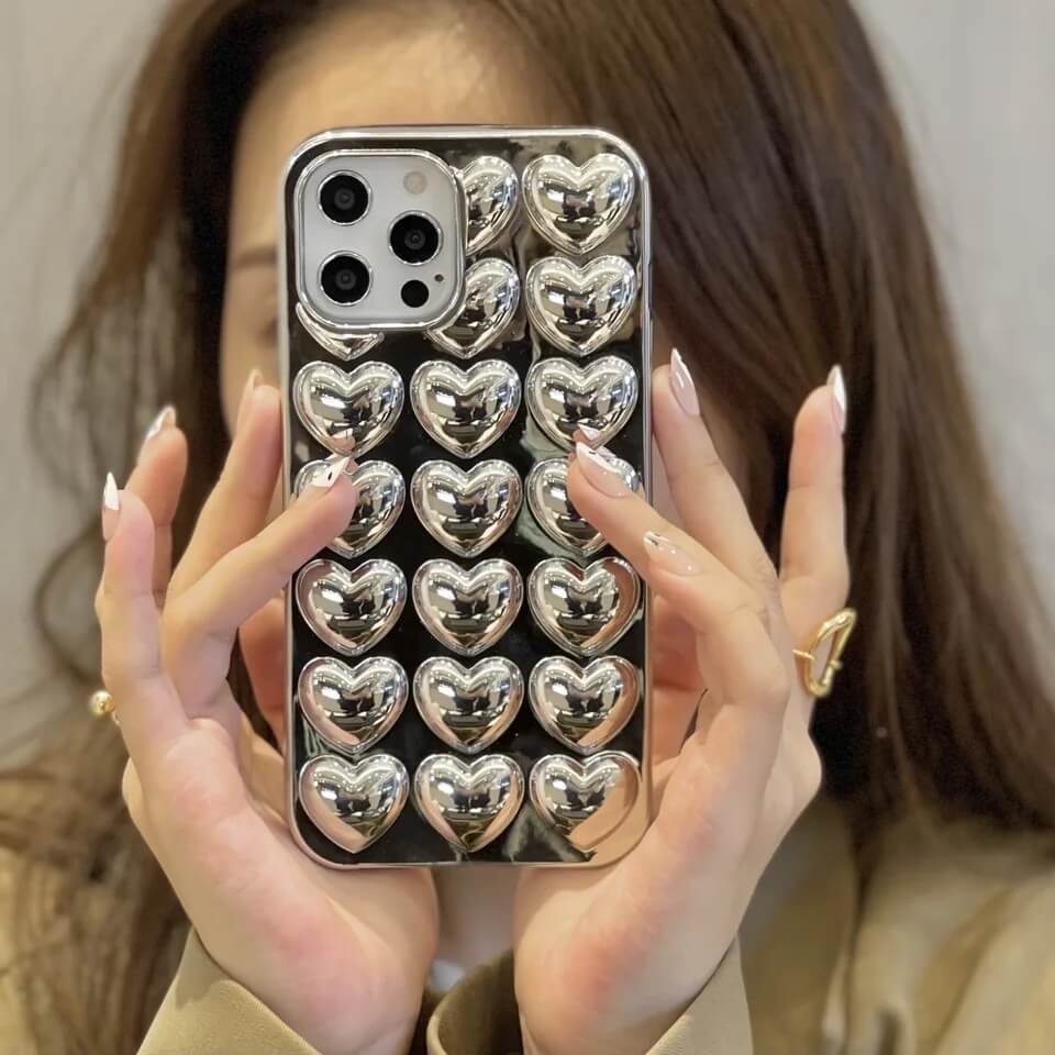 Silver 3D Hearts Metallic Soft iPhone Cases