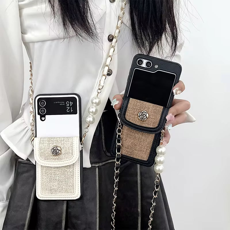 Luxury Fabric Wallet Pearl Crossbody Black Samsung Z Flip & Z Fold Case