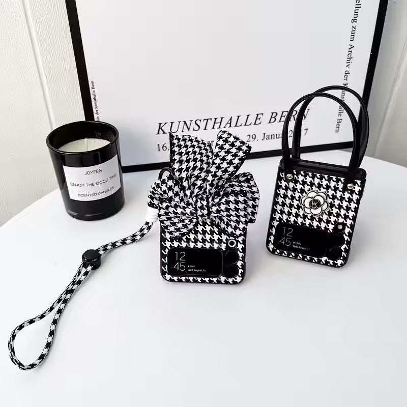 Luxury 3D Bow Floral Camellia Fabric Houndstooth Pattern Lanyard Handbag Samsung Z Flip Case