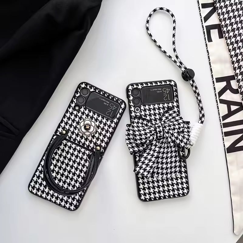 Luxury 3D Bow Floral Camellia Fabric Houndstooth Pattern Lanyard Handbag Samsung Z Flip Case