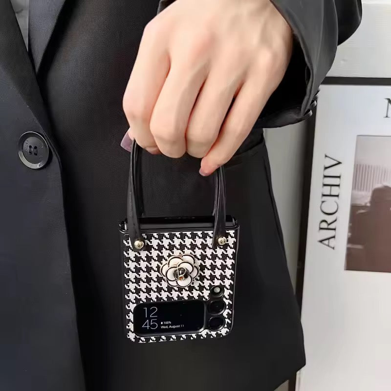 Luxury 3D Bow Floral Camellia Fabric Houndstooth Pattern Lanyard Handbag Samsung Z Flip Case