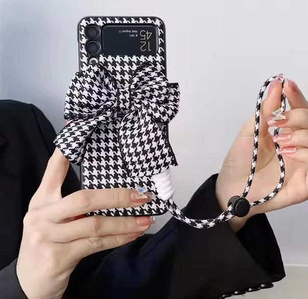 Luxury 3D Bow Floral Camellia Fabric Houndstooth Pattern Lanyard Handbag Samsung Z Flip Case