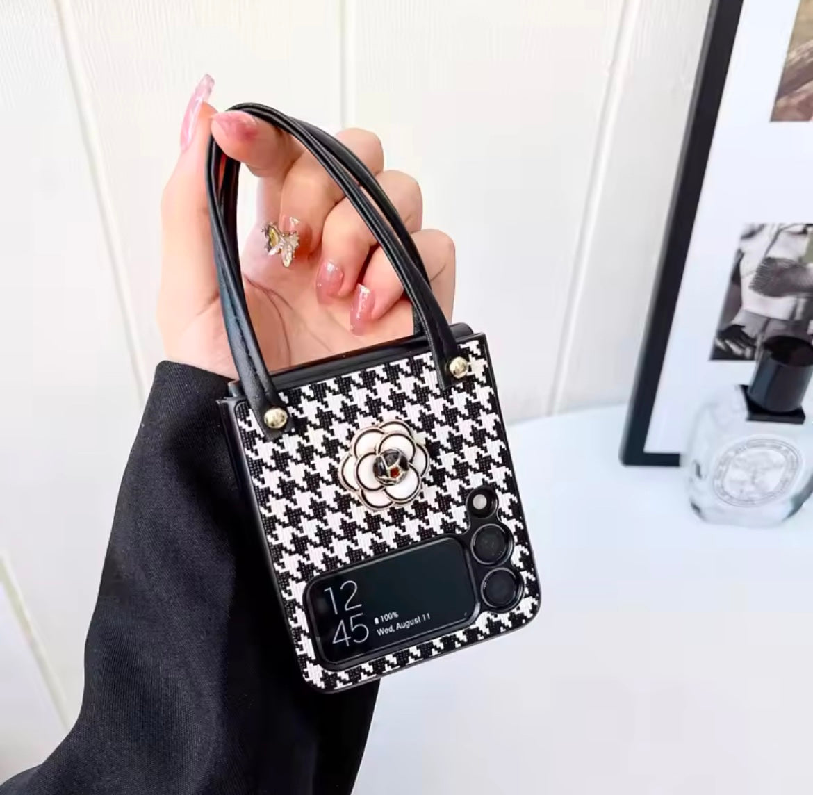Luxury 3D Bow Floral Camellia Fabric Houndstooth Pattern Lanyard Handbag Samsung Z Flip Case