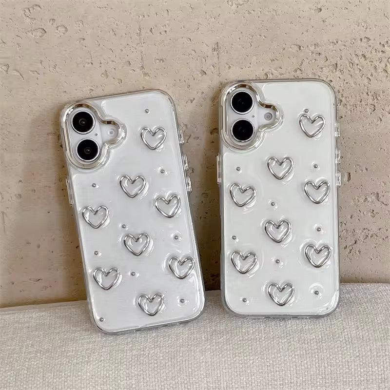 3D Glitter Silver Heart Transparent iPhone Soft Case