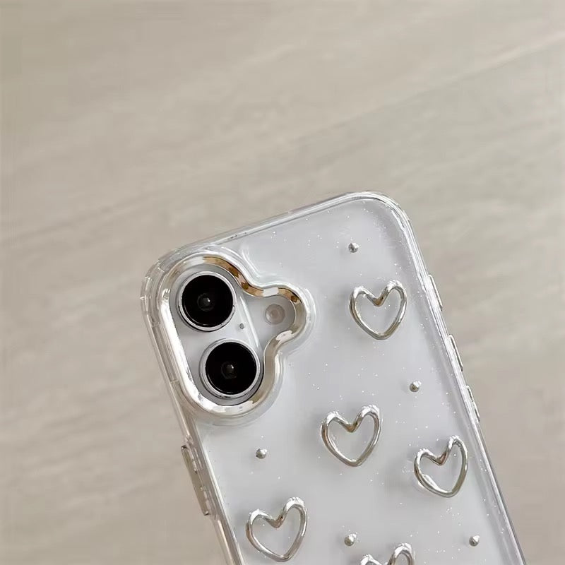 3D Glitter Silver Heart Transparent iPhone Soft Case