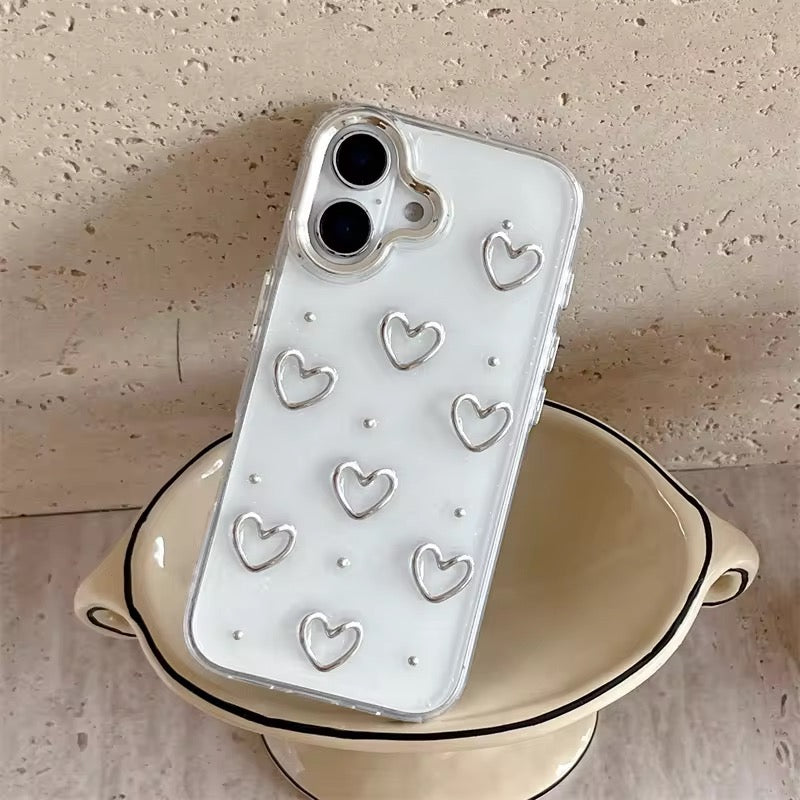 3D Glitter Silver Heart Transparent iPhone Soft Case