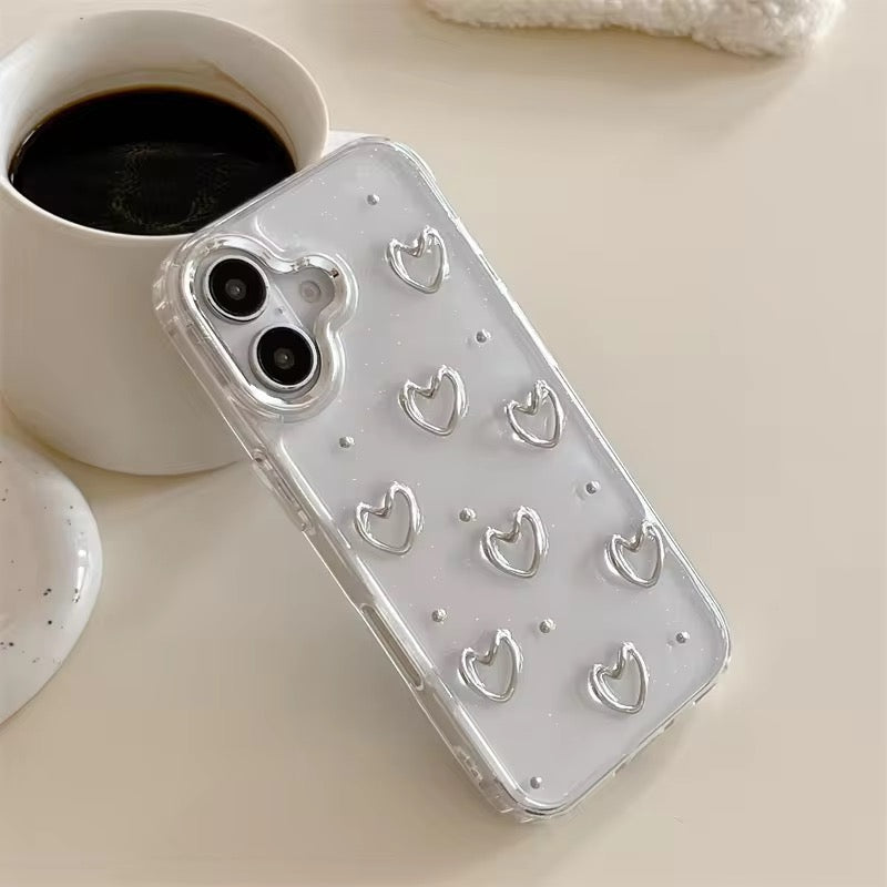 3D Glitter Silver Heart Transparent iPhone Soft Case