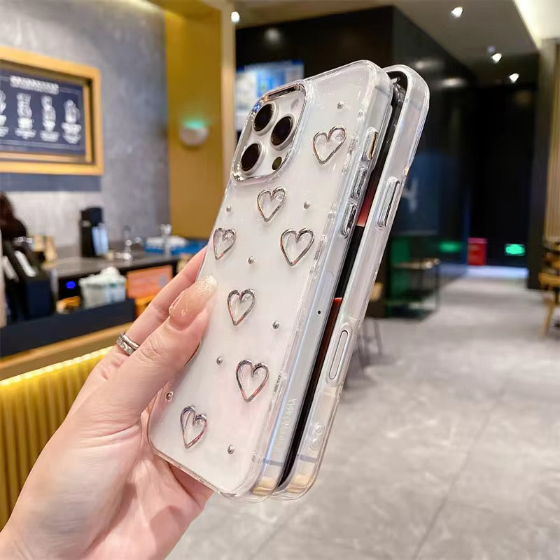 3D Glitter Silver Heart Transparent iPhone Soft Case