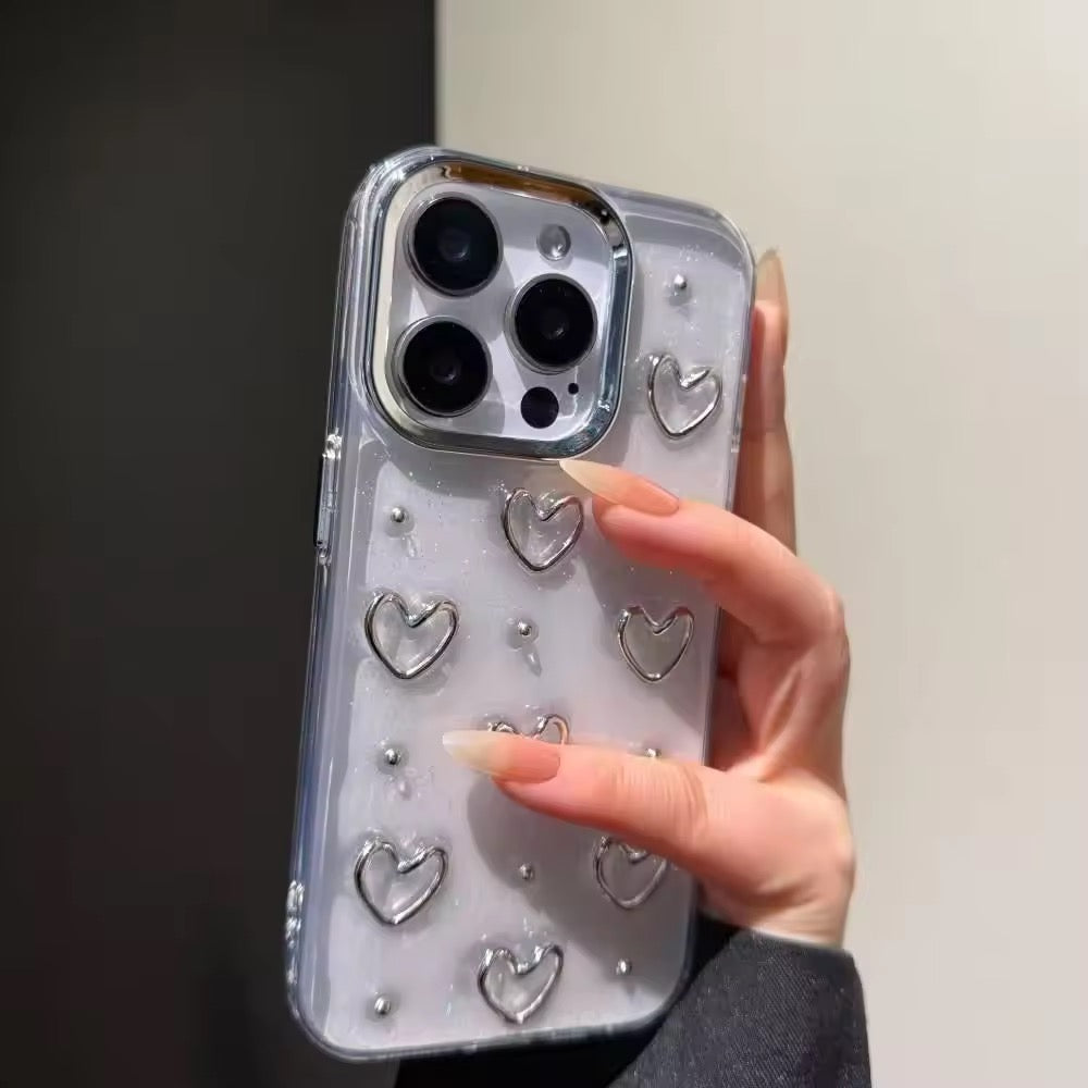3D Glitter Silver Heart Transparent iPhone Soft Case