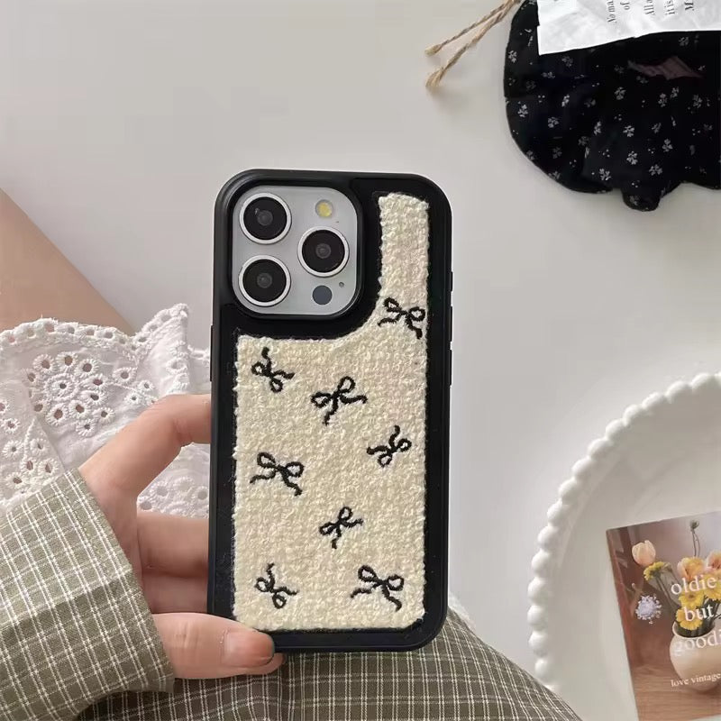 Cute Black Bow Winter Fur Fabric Plush iPhone Silicone Case
