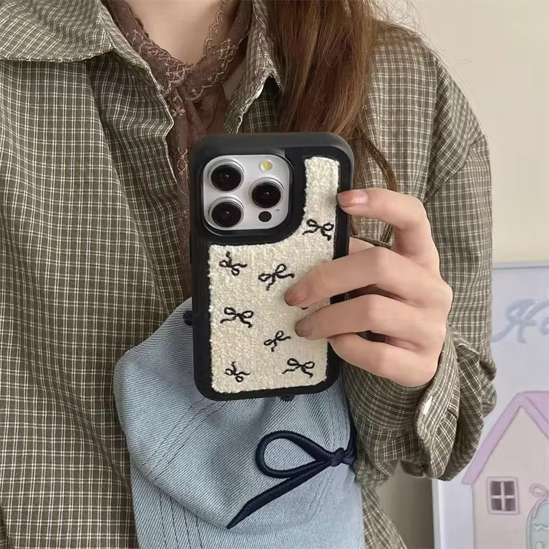 Cute Black Bow Winter Fur Fabric Plush iPhone Silicone Case