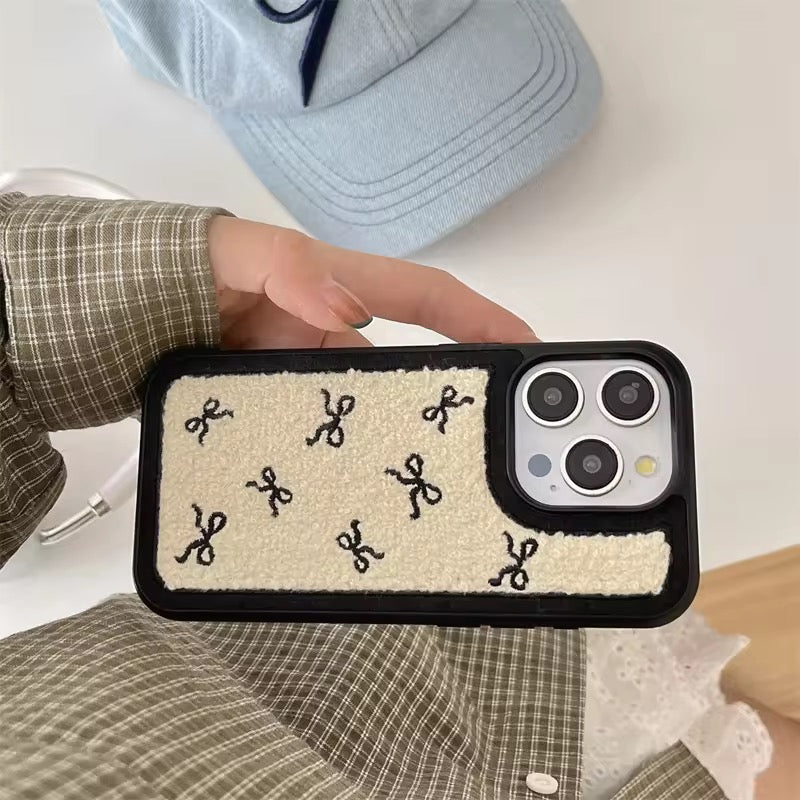 Cute Black Bow Winter Fur Fabric Plush iPhone Silicone Case