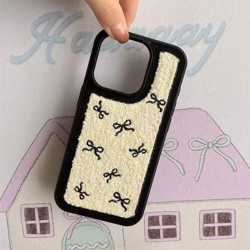 Cute Black Bow Winter Fur Fabric Plush iPhone Silicone Case