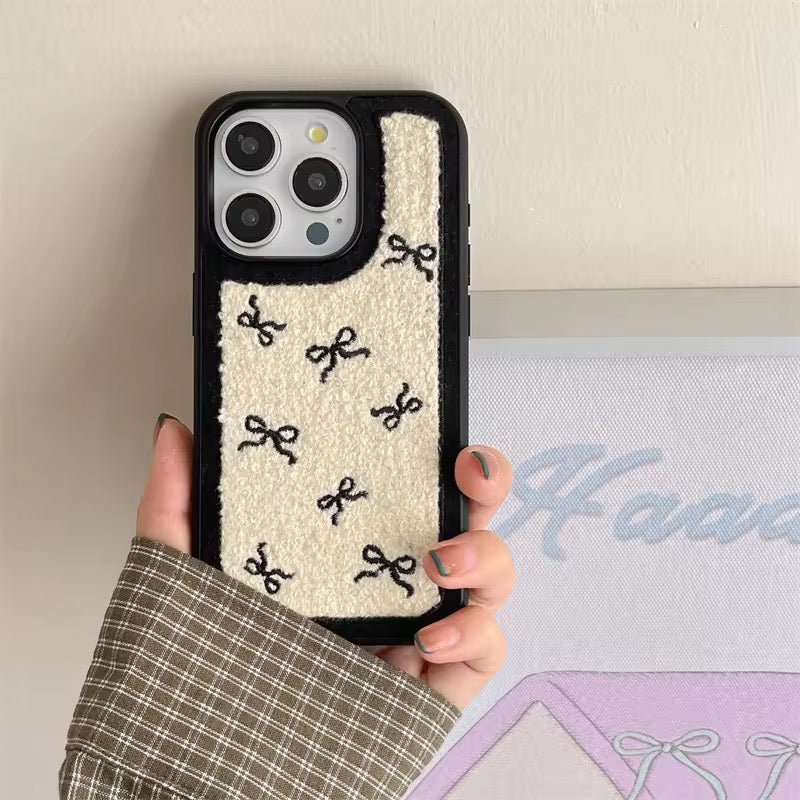 Cute Black Bow Winter Fur Fabric Plush iPhone Silicone Case