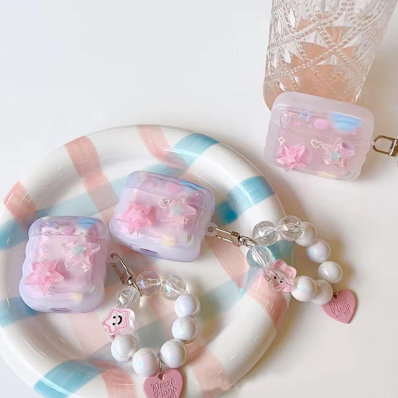 Cute Pink Stars Wavy Silicone Airpod With Lanyard