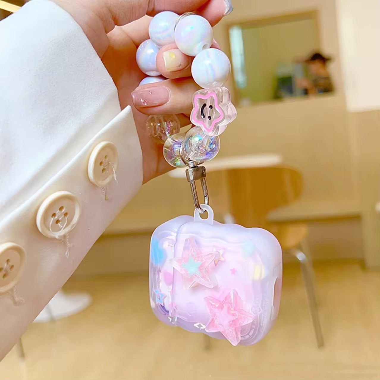 Cute Pink Stars Wavy Silicone Airpod With Lanyard