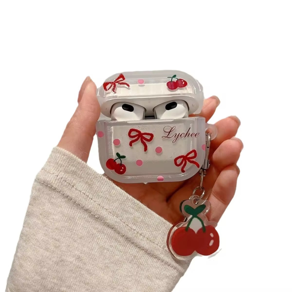 Korean Cute Bow Cherry Airpod Silicone Case With Lanyard