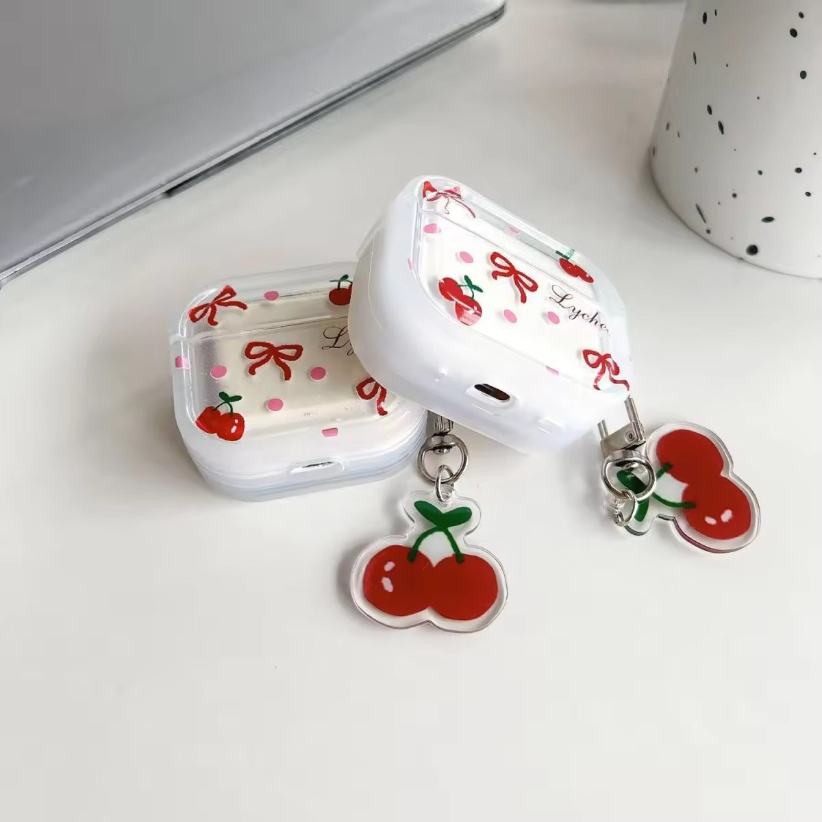 Korean Cute Bow Cherry Airpod Silicone Case With Lanyard