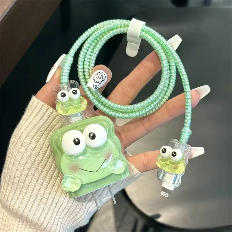3D Cute Green Frog Adapter Charger Cable Wire Protector Set