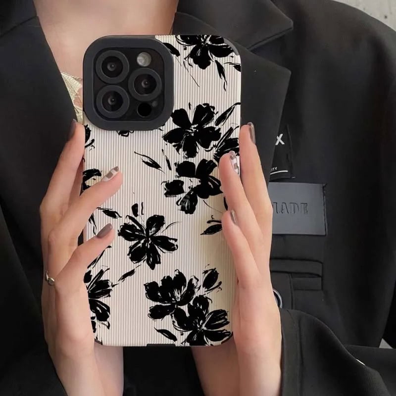 New Black Floral Flowers on White Textured iPhone Soft Silicone Case