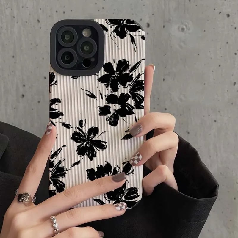 New Black Floral Flowers on White Textured iPhone Soft Silicone Case