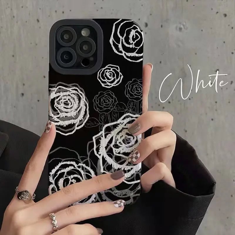 White Rose On Black Textured iPhone Soft Silicone Case