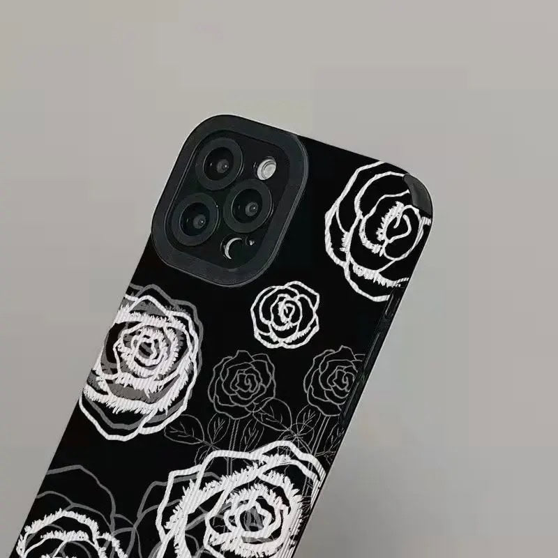 White Rose On Black Textured iPhone Soft Silicone Case