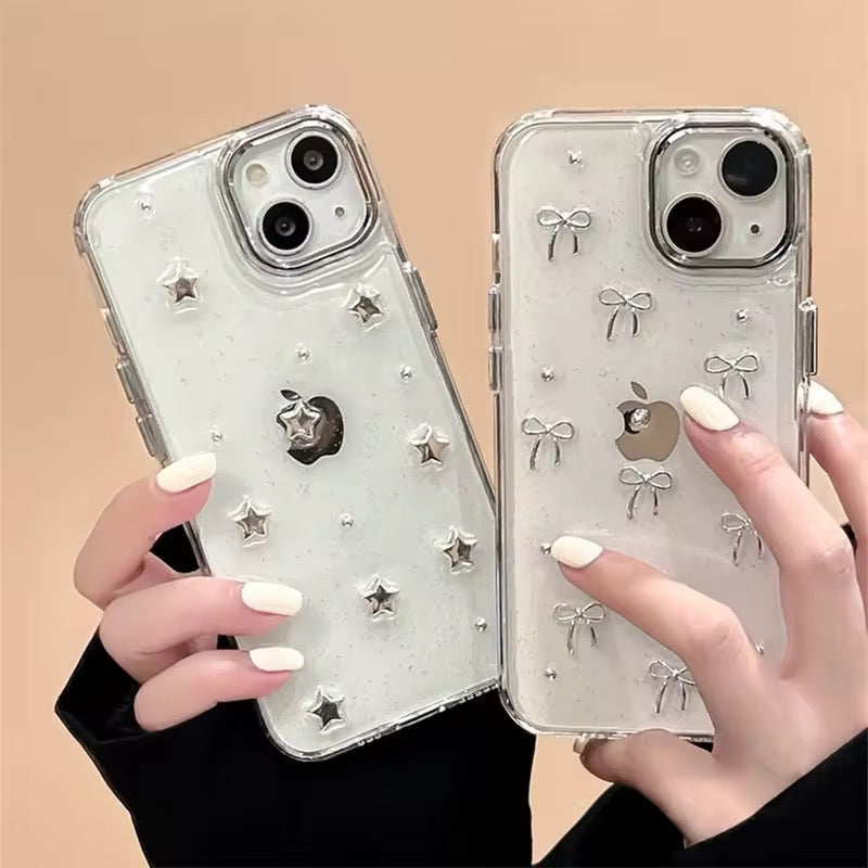 3D Glitter Silver Star Transparent iPhone Case