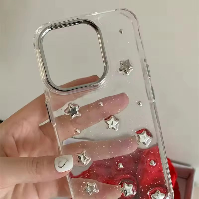 3D Glitter Silver Star Transparent iPhone Case