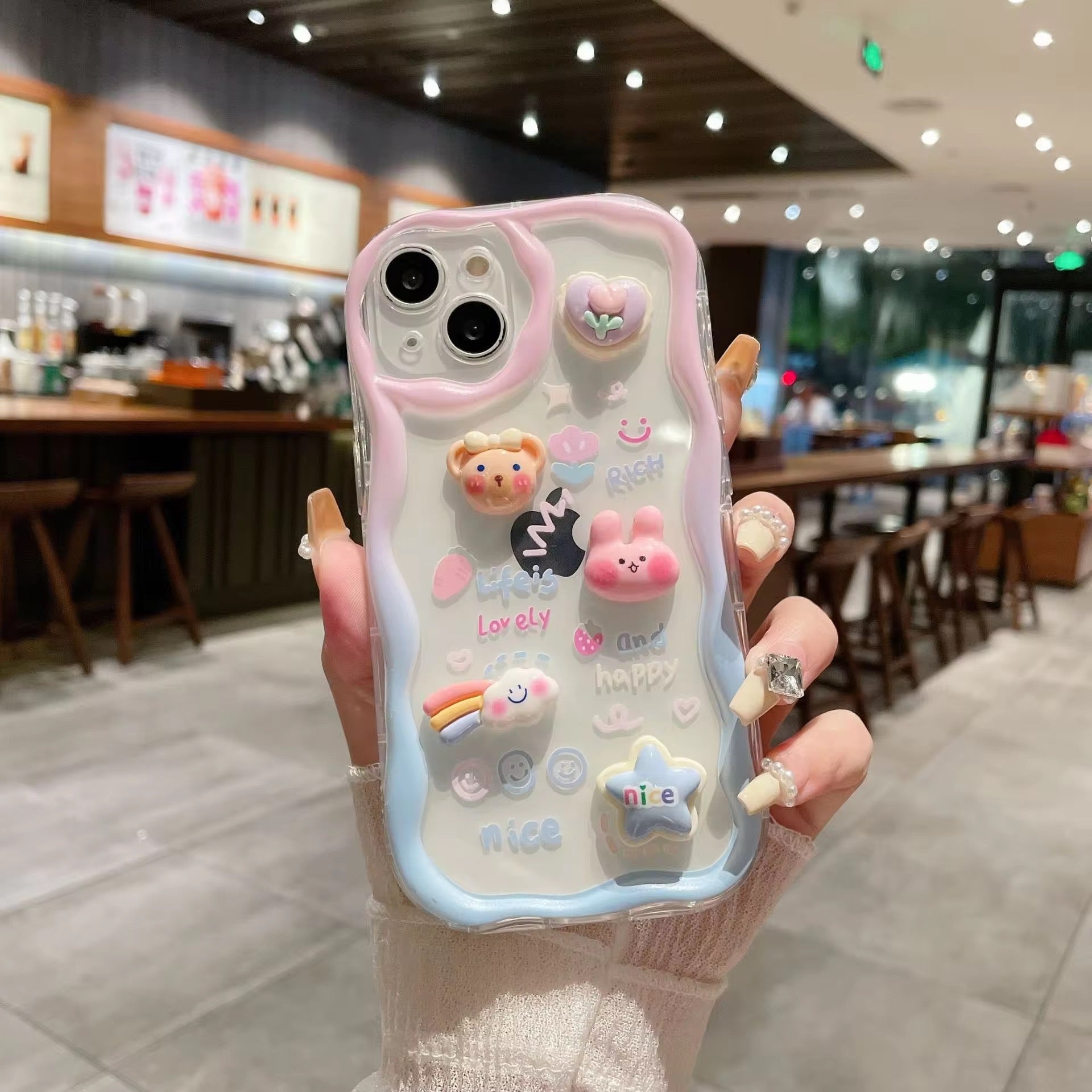 3D Cute Pink Blue Bumper Case Wave Transparent Cartoon Melody Lanyard iPhone Soft Case