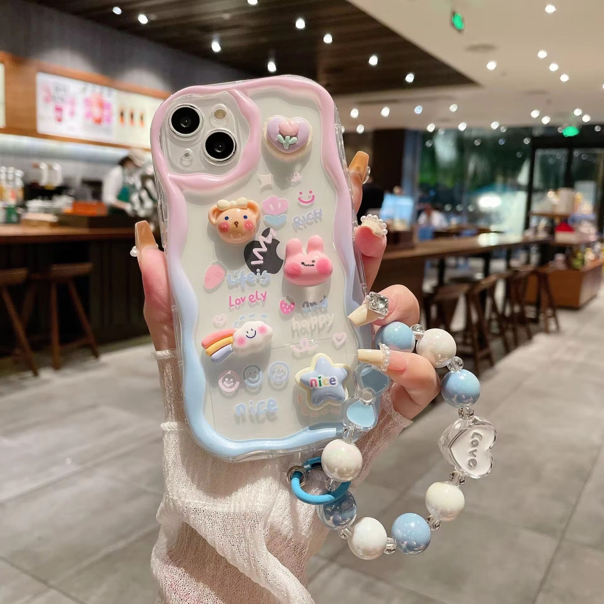 3D Cute Pink Blue Bumper Case Wave Transparent Cartoon Melody Lanyard iPhone Soft Case