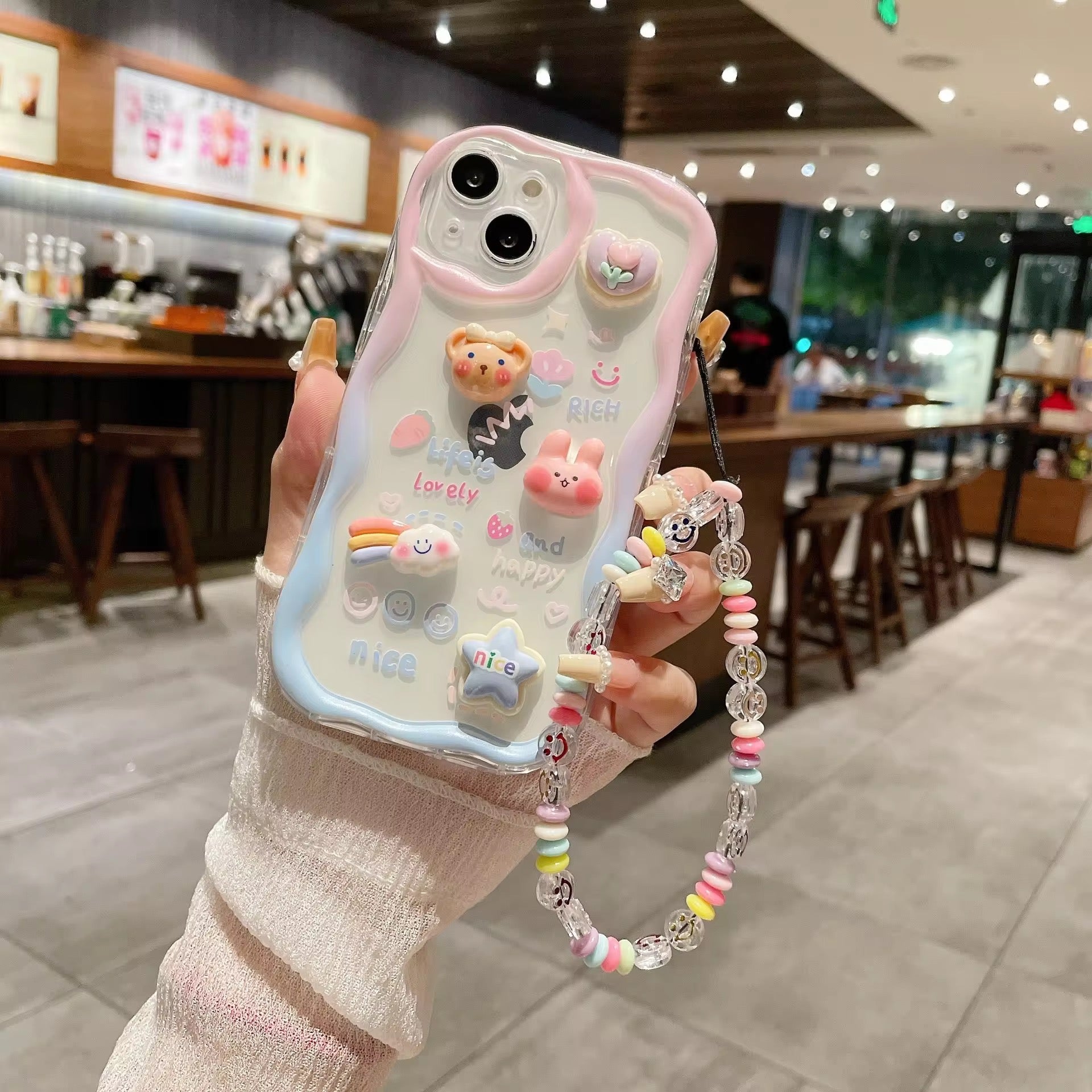 3D Cute Pink Blue Bumper Case Wave Transparent Cartoon Melody Lanyard iPhone Soft Case