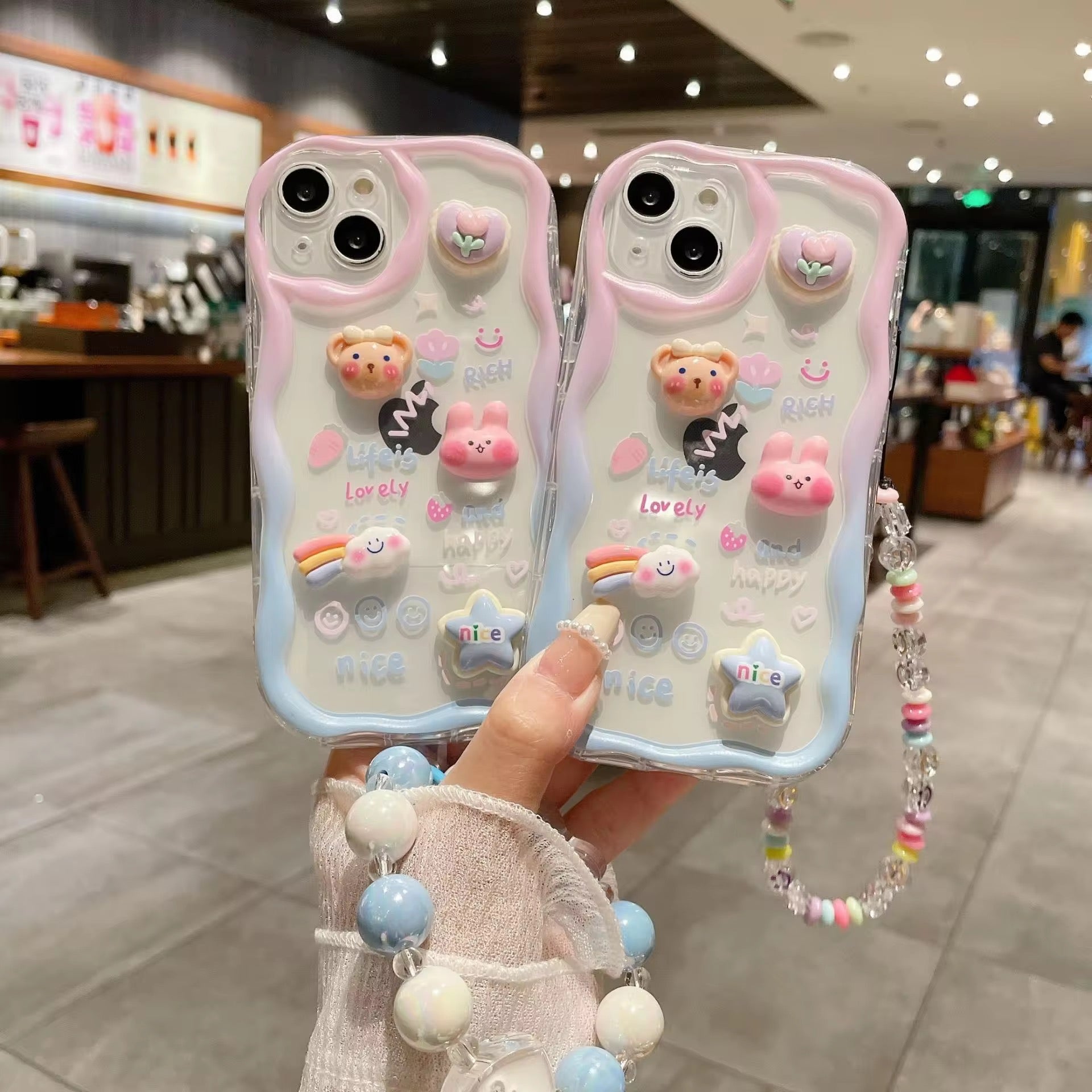 3D Cute Pink Blue Bumper Case Wave Transparent Cartoon Melody Lanyard iPhone Soft Case