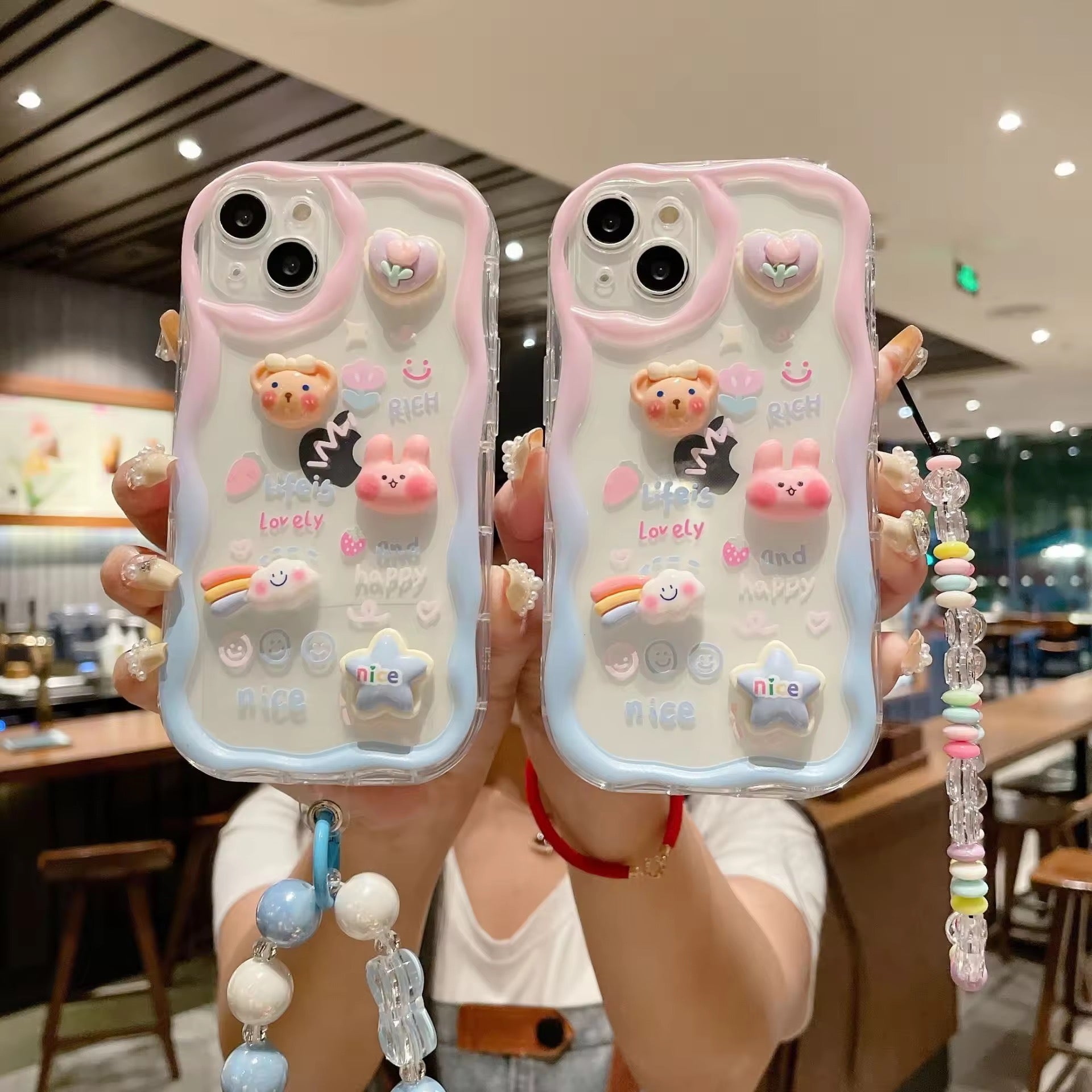 3D Cute Pink Blue Bumper Case Wave Transparent Cartoon Melody Lanyard iPhone Soft Case