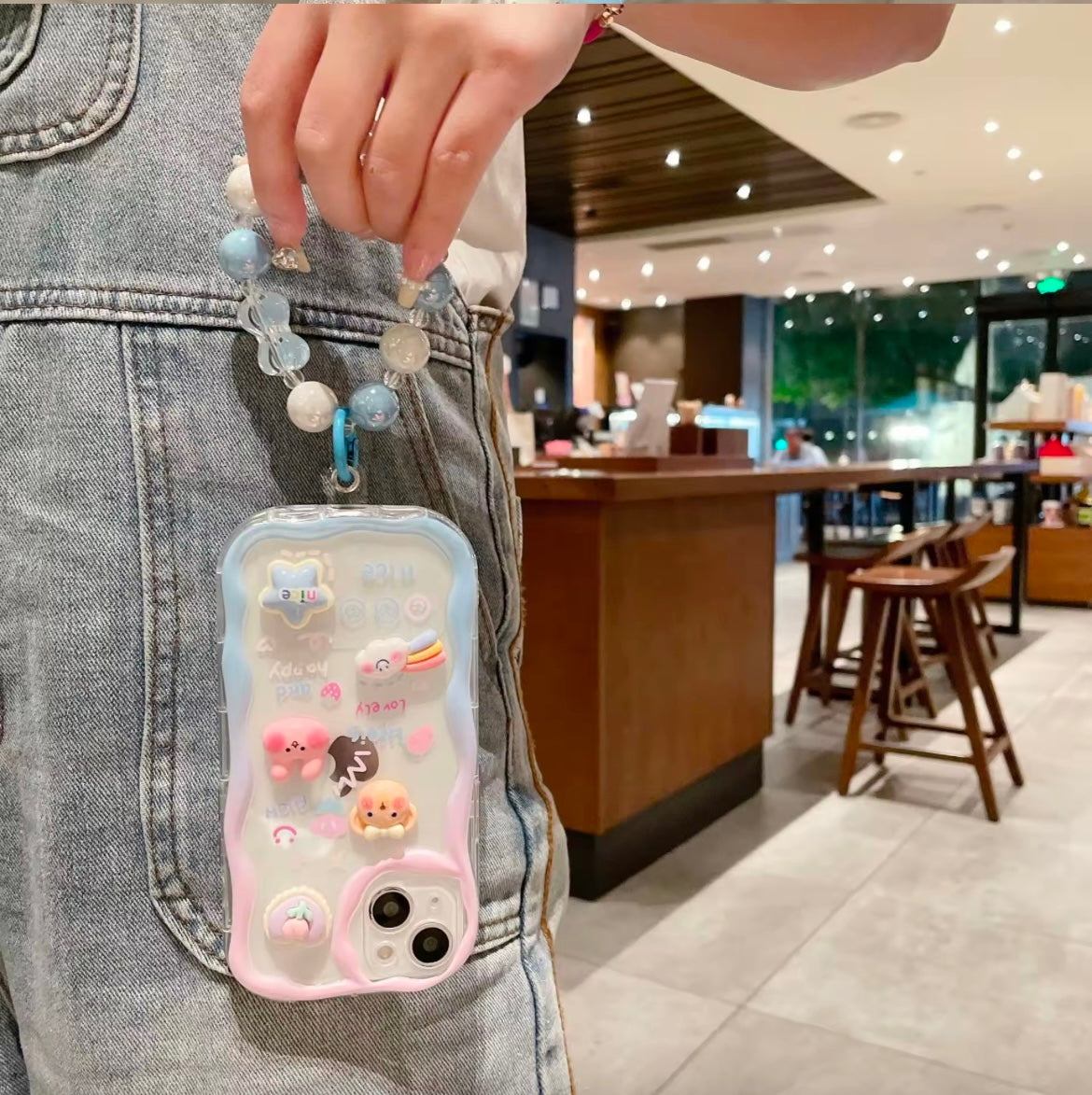 3D Cute Pink Blue Bumper Case Wave Transparent Cartoon Melody Lanyard iPhone Soft Case