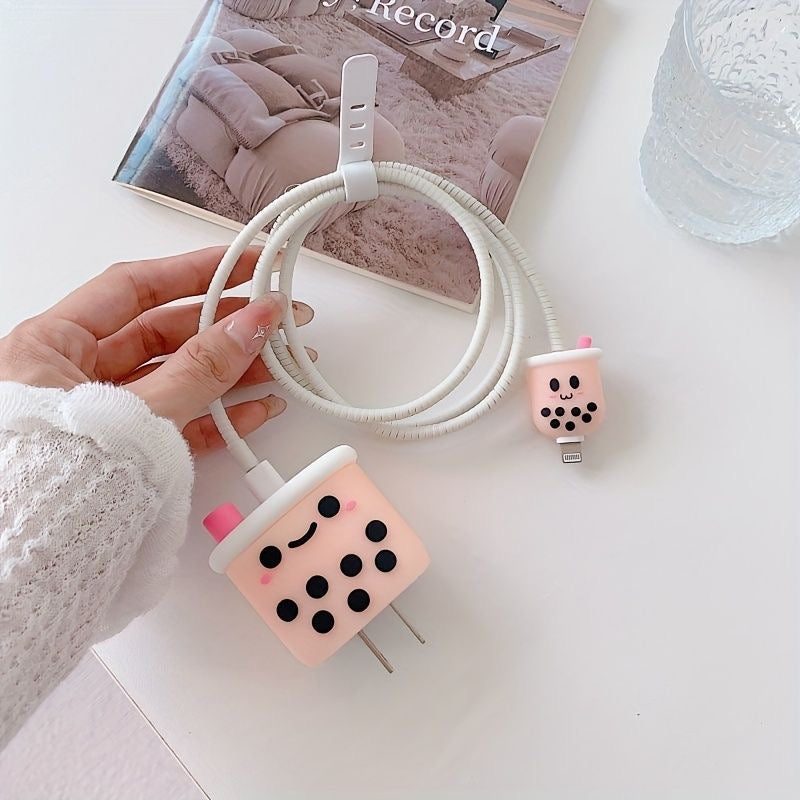 Cute Bubble Tea iPhone Adapter Charger Cable Wire Protector Set