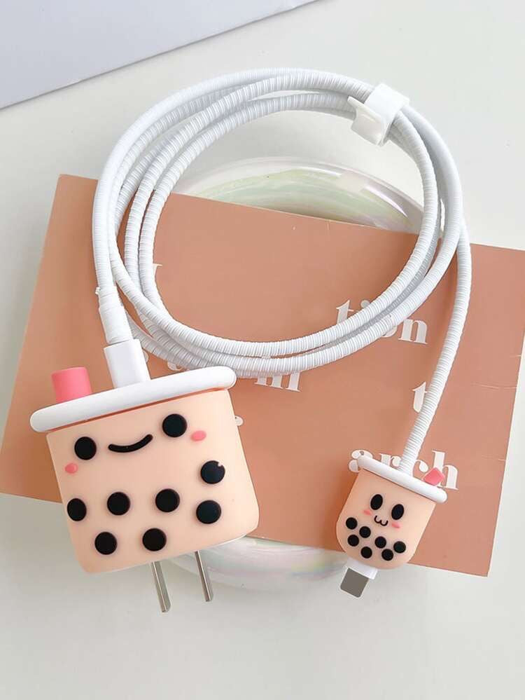 Cute Bubble Tea iPhone Adapter Charger Cable Wire Protector Set