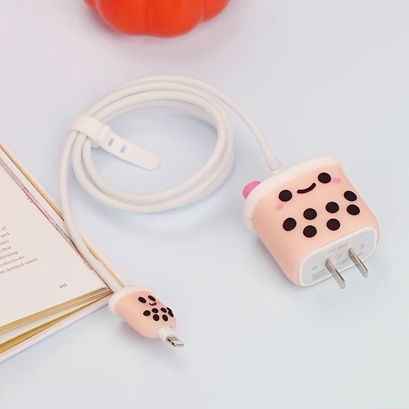 Cute Bubble Tea iPhone Adapter Charger Cable Wire Protector Set