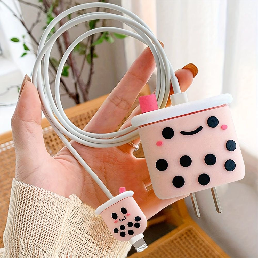 Cute Bubble Tea iPhone Adapter Charger Cable Wire Protector Set