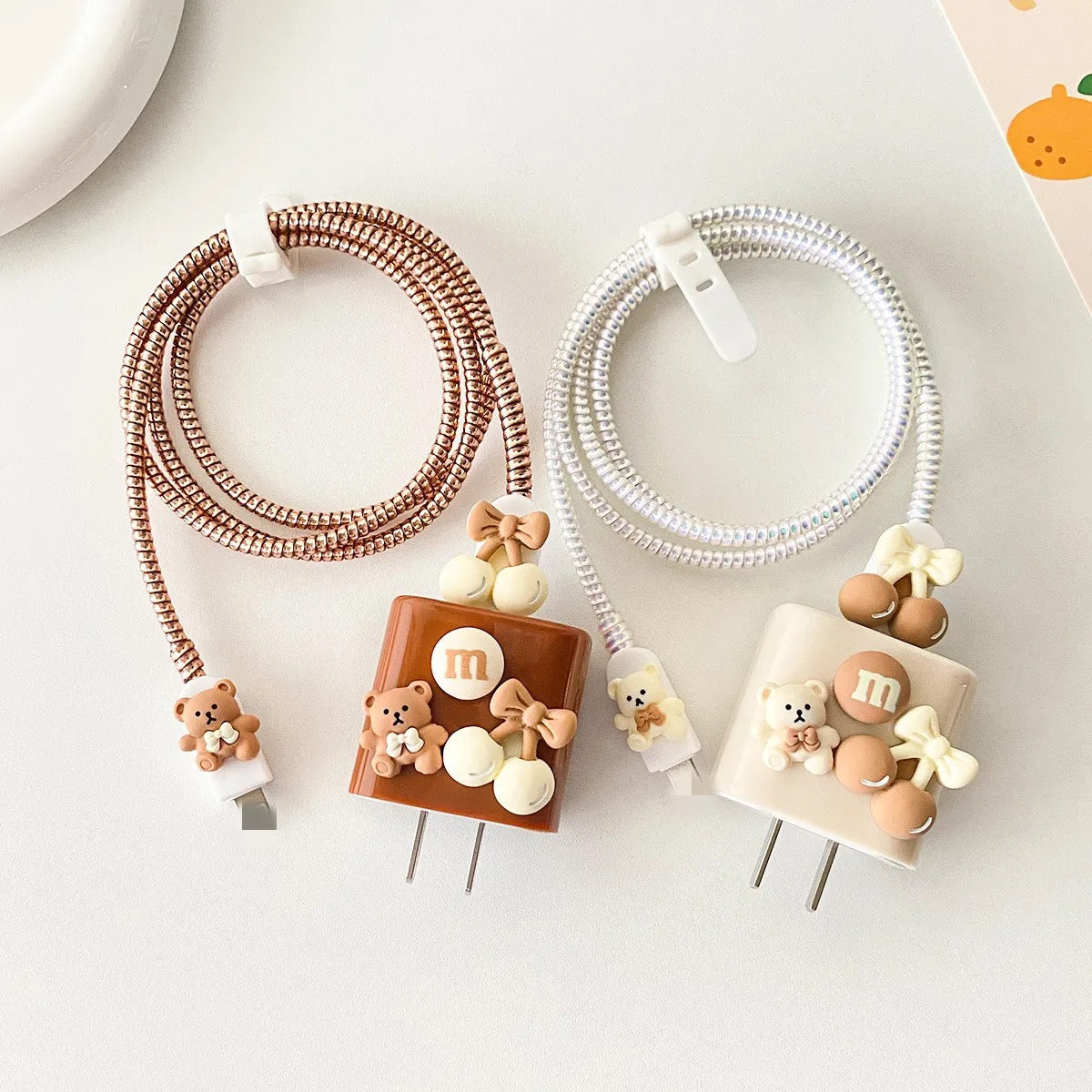 3D Cute Chocolate Teddy Bear Bow Trendy iPhone Adapter Charger Cable Wire Protector Set