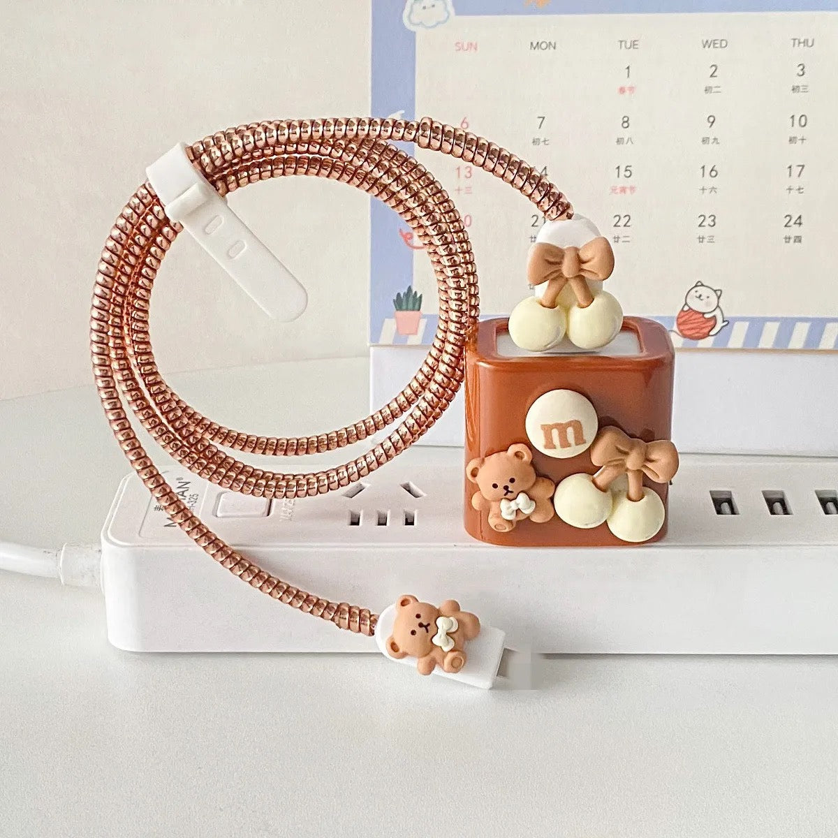 3D Cute Chocolate Teddy Bear Bow Trendy iPhone Adapter Charger Cable Wire Protector Set