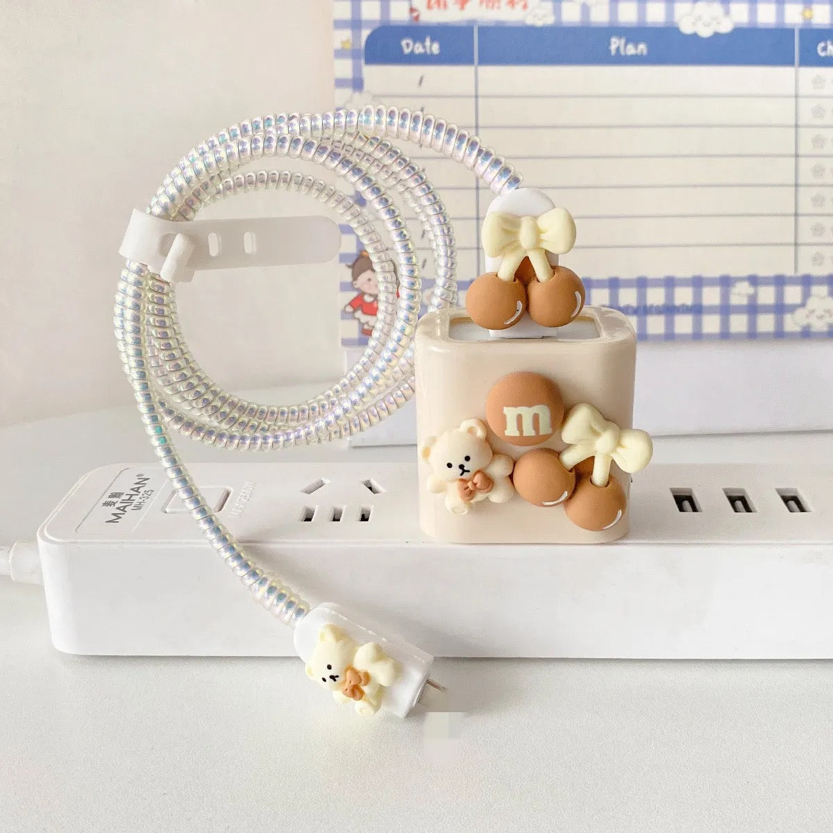 3D Cute Chocolate Teddy Bear Bow Trendy iPhone Adapter Charger Cable Wire Protector Set