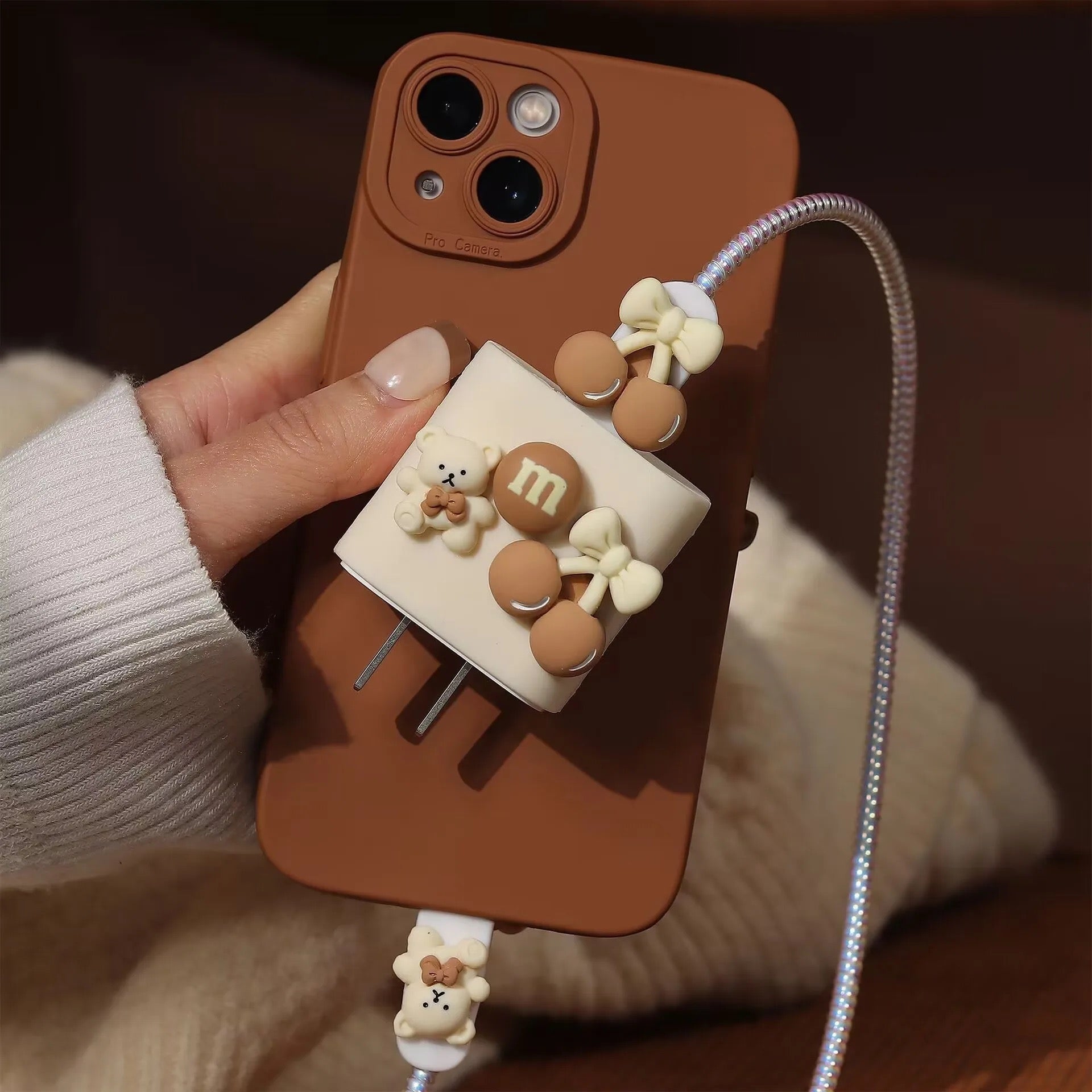 3D Cute Chocolate Teddy Bear Bow Trendy iPhone Adapter Charger Cable Wire Protector Set