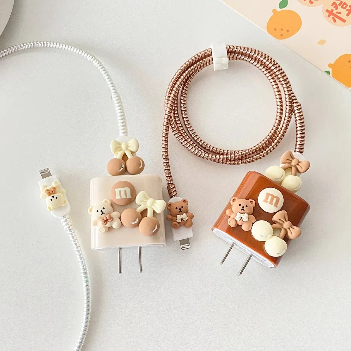 3D Cute Chocolate Teddy Bear Bow Trendy iPhone Adapter Charger Cable Wire Protector Set